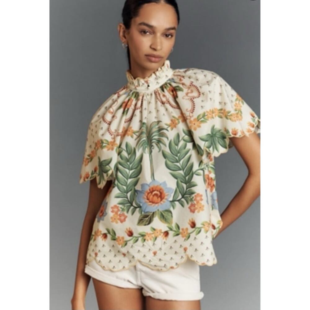 FARM Rio Cream Floral Scallop-Edge Smocked Neck Blouse